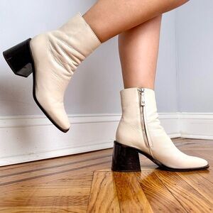 Cream Leather Ankle Bootie Heels
